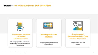 7
PUBLIC
© 2021 SAP SE or an SAP affiliate company. All rights reserved. ǀ
Benefits for Finance from SAP S/4HANA
Consistent, Intuitive
& Efficient
User Experience
delivering a positive experience
working with both Analytics and
Transactions
​Fundamental
Enhancements to Core
Finance Processes
that will make your life
easier
An Integrated Data
Platform
providing a single version of
financial truth
 