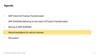 31
PUBLIC
© 2021 SAP SE or an SAP affiliate company. All rights reserved. ǀ
▪ SAP Vision for Finance Transformation
▪ SAP S/4HANA delivering on the vision of Finance Transformation
▪ Moving to SAP S/4HANA
▪ Recommendations for add-on licenses
▪ Discussion
Agenda
 