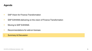 36
PUBLIC
© 2021 SAP SE or an SAP affiliate company. All rights reserved. ǀ
▪ SAP Vision for Finance Transformation
▪ SAP S/4HANA delivering on the vision of Finance Transformation
▪ Moving to SAP S/4HANA
▪ Recommendations for add-on licenses
▪ Summary & Discussion
Agenda
 