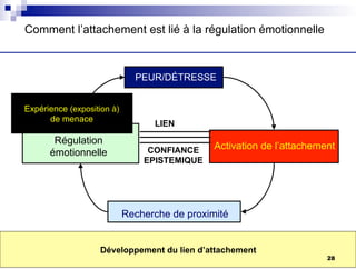 PEUR/DÉTRESSE
Recherche de proximité
Activation de l’attachement
Comment l’attachement est lié à la régulation émotionnelle
Développement du lien d’attachement
CONFIANCE
EPISTEMIQUE
LIEN
Régulation
émotionnelle
Expérience (exposition à)
de menace
28
 