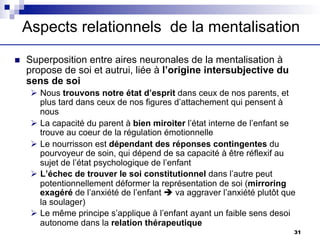 Aspects relationnels de la mentalisation
n Superposition entre aires neuronales de la mentalisation à
propose de soi et autrui, liée à l’origine intersubjective du
sens de soi
Ø Nous trouvons notre état d’esprit dans ceux de nos parents, et
plus tard dans ceux de nos figures d’attachement qui pensent à
nous
Ø La capacité du parent à bien miroiter l’état interne de l’enfant se
trouve au coeur de la régulation émotionnelle
Ø Le nourrisson est dépendant des réponses contingentes du
pourvoyeur de soin, qui dépend de sa capacité à être réflexif au
sujet de l’état psychologique de l’enfant
Ø L’échec de trouver le soi constitutionnel dans l’autre peut
potentionnellement déformer la représentation de soi (mirroring
exagéré de l’anxiété de l’enfant è va aggraver l’anxiété plutôt que
la soulager)
Ø Le même principe s’applique à l’enfant ayant un faible sens desoi
autonome dans la relation thérapeutique
31
 