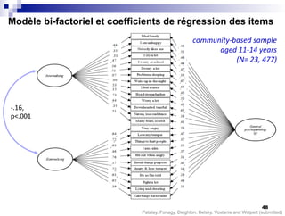 Modèle bi-factoriel et coefficients de régression des items
Patalay, Fonagy, Deighton, Belsky, Vostanis and Wolpert (submitted)
community-based sample
aged 11-14 years
(N= 23, 477)
-.16,
p<.001
48
 