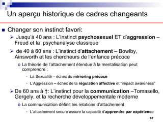 Un aperçu historique de cadres changeants
n Changer son instinct favori:
Ø Jusqu’à 40 ans : L’instinct psychosexuel ET d’aggression –
Freud et la psychanalyse classique
Ø de 40 à 60 ans : L’instinct d’attachement – Bowlby,
Ainsworth et les chercheurs de l’enfance précoce
o La théorie de l’attachement étendue à la mentalisation peut
comprendre :
• La Sexualité – échec du mirroring précoce
• L’Aggression – échec de la régulation affective et “impact awareness”
ØDe 60 ans à †: L’instinct pour la communication –Tomasello,
Gergely, et la recherche développementale moderne
o La communication définit les relations d’attachement
• L’attachement secure assure la capacité d’apprendre par expérience
67
 