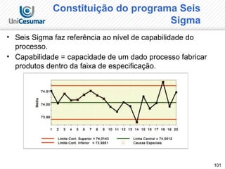 101
Constituição do programa Seis
Sigma
• Seis Sigma faz referência ao nível de capabilidade do
processo.
• Capabilidade = capacidade de um dado processo fabricar
produtos dentro da faixa de especificação.
 