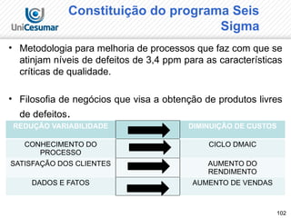102
Constituição do programa Seis
Sigma
• Metodologia para melhoria de processos que faz com que se
atinjam níveis de defeitos de 3,4 ppm para as características
críticas de qualidade.
• Filosofia de negócios que visa a obtenção de produtos livres
de defeitos.
REDUÇÃO VARIABILIDADE DIMINUIÇÃO DE CUSTOS
CONHECIMENTO DO
PROCESSO
CICLO DMAIC
SATISFAÇÃO DOS CLIENTES AUMENTO DO
RENDIMENTO
DADOS E FATOS AUMENTO DE VENDAS
 