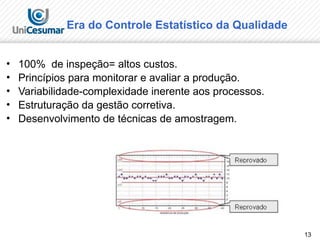 13
Era do Controle Estatístico da Qualidade
• 100% de inspeção= altos custos.
• Princípios para monitorar e avaliar a produção.
• Variabilidade-complexidade inerente aos processos.
• Estruturação da gestão corretiva.
• Desenvolvimento de técnicas de amostragem.
 