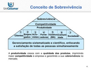4
Conceito de Sobrevivência
A produtividade cresce com a qualidade dos produtos, imprimindo
maior competitividade à empresa e garantindo a sua sobrevivência no
mercado.
 