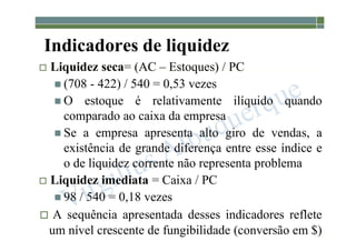 1-118
Indicadores de liquidez
 Liquidez seca= (AC – Estoques) / PC
 (708 - 422) / 540 = 0,53 vezes
 O estoque é relativamente ilíquido quando
comparado ao caixa da empresa
 Se a empresa apresenta alto giro de vendas, a
existência de grande diferença entre esse índice e
o de liquidez corrente não representa problema
 Liquidez imediata = Caixa / PC
 98 / 540 = 0,18 vezes
 A sequência apresentada desses indicadores reflete
um nível crescente de fungibilidade (conversão em $)
 