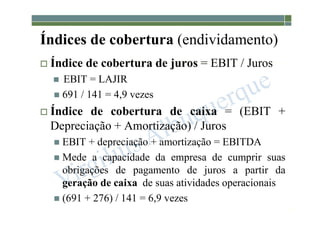 1-120
Índices de cobertura (endividamento)
 Índice de cobertura de juros = EBIT / Juros
 EBIT = LAJIR
 691 / 141 = 4,9 vezes
 Índice de cobertura de caixa = (EBIT +
Depreciação + Amortização) / Juros
 EBIT + depreciação + amortização = EBITDA
 Mede a capacidade da empresa de cumprir suas
obrigações de pagamento de juros a partir da
geração de caixa de suas atividades operacionais
 (691 + 276) / 141 = 6,9 vezes
 