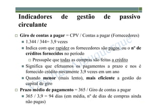 1-125
Indicadores de gestão de passivo
circulante
 Giro de contas a pagar = CPV / Contas a pagar (Fornecedores)
 1.344 / 344= 3,9 vezes
 Indica com que rapidez os fornecedores são pagos, ou o nº de
créditos fornecidos no período
 Pressupõe que todas as compras são feitas a crédito
 Significa que efetuamos os pagamentos a prazo e nos é
fornecido crédito novamente 3,9 vezes em um ano
 Quando menor (mais lento), mais eficiente a gestão do
capital de giro
 Prazo médio de pagamento = 365 / Giro de contas a pagar
 365 / 3,9 = 94 dias (em média, nº de dias de compras ainda
não pagas)
 
