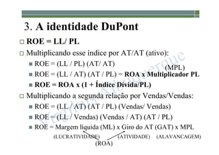 1-134
3. A identidade DuPont
 ROE = LL/ PL
 Multiplicando esse índice por AT/AT (ativo):
 ROE = (LL / PL) (AT/ AT)
 ROE = (LL / AT) (AT / PL) = ROA x Multiplicador PL
 ROE = ROA x (1 + Índice Dívida/PL)
 Multiplicando a segunda relação por Vendas/Vendas:
 ROE = (LL / AT) (AT / PL) (Vendas/ Vendas)
 ROE = (LL / Vendas) (Vendas / AT) (AT / PL)
 ROE = Margem líquida (ML) x Giro do AT (GAT) x MPL
(LUCRATIVIDADE) (ATIVIDADE) (ALAVANCAGEM)
(MPL)
(ROA)
 