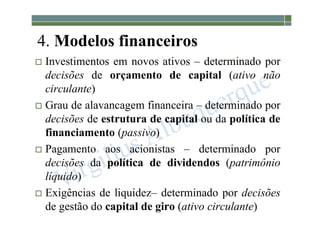 1-138
4. Modelos financeiros
 Investimentos em novos ativos – determinado por
decisões de orçamento de capital (ativo não
circulante)
 Grau de alavancagem financeira – determinado por
decisões de estrutura de capital ou da política de
financiamento (passivo)
 Pagamento aos acionistas – determinado por
decisões da política de dividendos (patrimônio
líquido)
 Exigências de liquidez– determinado por decisões
de gestão do capital de giro (ativo circulante)
 