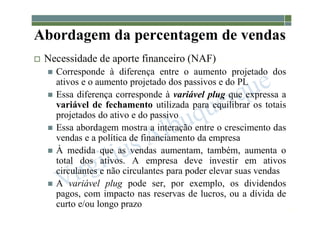 1-142
Abordagem da percentagem de vendas
 Necessidade de aporte financeiro (NAF)
 Corresponde à diferença entre o aumento projetado dos
ativos e o aumento projetado dos passivos e do PL
 Essa diferença corresponde à variável plug que expressa a
variável de fechamento utilizada para equilibrar os totais
projetados do ativo e do passivo
 Essa abordagem mostra a interação entre o crescimento das
vendas e a política de financiamento da empresa
 À medida que as vendas aumentam, também, aumenta o
total dos ativos. A empresa deve investir em ativos
circulantes e não circulantes para poder elevar suas vendas
 A variável plug pode ser, por exemplo, os dividendos
pagos, com impacto nas reservas de lucros, ou a dívida de
curto e/ou longo prazo
 