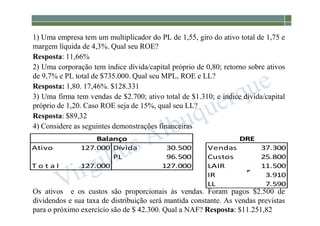 1-167
1) Uma empresa tem um multiplicador do PL de 1,55, giro do ativo total de 1,75 e
margem líquida de 4,3%. Qual seu ROE?
Resposta: 11,66%
2) Uma corporação tem índice dívida/capital próprio de 0,80; retorno sobre ativos
de 9,7% e PL total de $735.000. Qual seu MPL, ROE e LL?
Resposta: 1,80. 17,46%. $128.331
3) Uma firma tem vendas de $2.700; ativo total de $1.310; e índice dívida/capital
próprio de 1,20. Caso ROE seja de 15%, qual seu LL?
Resposta: $89,32
4) Considere as seguintes demonstrações financeiras
Os ativos e os custos são proporcionais às vendas. Foram pagos $2.500 de
dividendos e sua taxa de distribuição será mantida constante. As vendas previstas
para o próximo exercício são de $ 42.300. Qual a NAF? Resposta: $11.251,82
Ativo 127.000 Dívida 30.500 Vendas 37.300
PL 96.500 Custos 25.800
T o t a l 127.000 127.000 LAIR 11.500
IR 3.910
LL 7.590
Balanço DRE
 