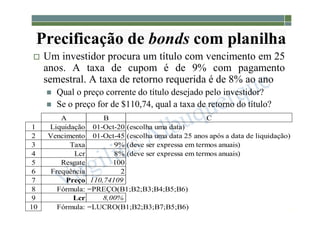 1-194
Precificação de bonds com planilha
 Um investidor procura um título com vencimento em 25
anos. A taxa de cupom é de 9% com pagamento
semestral. A taxa de retorno requerida é de 8% ao ano
 Qual o preço corrente do título desejado pelo investidor?
 Se o preço for de $110,74, qual a taxa de retorno do título?
A B C
1 Liquidação 01-Oct-20 (escolha uma data)
2 Vencimento 01-Oct-45 (escolha uma data 25 anos após a data de liquidação)
3 Taxa 9% (deve ser expressa em termos anuais)
4 Lcr 8% (deve ser expressa em termos anuais)
5 Resgate 100
6 Frequência 2
7 Preço 110,74109
8 Fórmula: =PREÇO(B1;B2;B3;B4;B5;B6)
9 Lcr 8,00%
10 Fórmula: =LUCRO(B1;B2;B3;B7;B5;B6)
 