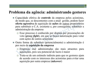 1-34
Problema da agência: administrando gestores
 Capacidade efetiva de controle da empresa pelos acionistas,
de modo que, se descontentes com a atual gestão, podem fazer
oferta agressiva de aquisição de ações de outros proprietários
para substituir o C.A. existente e, por conseguinte, substituir a
administração da empresa
 Esse processo é conhecido por disputa por procurações de
voto (proxy fight), em que se busca autorização para votar
com ações de outros acionistas
 Outra forma de substituir (potencialmente) a administração é
por meio da aquisição da empresa
 Empresas mal administradas são mais atraentes para
aquisições, pois seu potencial de lucro é maior
 Trata-se de um estímulo indireto para que os gestores ajam
de acordo com os interesses dos acionistas para evitar uma
aquisição por outra empresa (takeover)
 