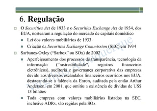 1-37
6. Regulação
 O Securities Act de 1933 e o Securities Exchange Act de 1934, dos
EUA, nortearam a regulação do mercado de capitais doméstico
 Lei dos valores mobiliários de 1933
 Criação da Securities Exchange Commission (SEC) em 1934
 Sarbanes-Oxley (“Sarbox” ou SOx) de 2002
 Aperfeiçoamento dos processos de transparência, tecnologia da
informação (“rastreabilidade”, registros financeiros
eletrônicos), auditoria e governança corporativa das empresas
devido aos diversos escândalos financeiros ocorridos nos EUA,
destacando-se a falência da Enron, auditada pela então Arthur
Andersen, em 2001, que omitiu a existência de dívidas de US$
13 bilhões
 Toda empresa com valores mobiliários listados na SEC,
inclusive ADRs, são regidas pela SOx
 