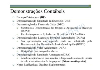 1-44
Demonstrações Contábeis
 Balanço Patrimonial (BP)
 Demonstração do Resultado do Exercício (DRE)
 Demonstração dos Fluxos de Caixa (DFC)
 Substituiu a Demonstração das Origens e Aplicações de Recursos
(DOAR)
 Facultativo para cia. fechada com PL inferior a R$ 2 milhões
 Demonstração dos Lucros ou Prejuízos Acumulados (DLPA)
 Sua apresentação em separado pode ser substituída pela
Demonstração das Mutações do Patrimônio Líquido (DMPL)
 Demonstração do Valor Adicionado (DVA)
 Obrigatório para companhia aberta
 Demonstração do Resultado Abrangente (DRA)
 Atualiza capital social com receitas e despesas de realização incerta
devido a investimentos de longo prazo (fatores contingentes)
 Notas Explicativas, Quadros Suplementares
 