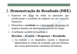 1-58
2. Demonstração do Resultado (DRE)
 Expressa um filme de todas as operações que
condicionam o resultado da empresa em um exercício
financeiro
 Determina o resultado ou o desempenho financeiro da
empresa durante um determinado período de tempo
 A definição contábil do resultado é:
Receitas – (Custos + Despesas) = Resultado
 As receitas e os dispêndios (custos e despesas)
representam as contas de resultado, que são distintas
das contas patrimoniais constantes do balanço
 