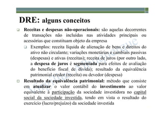 1-60
DRE: alguns conceitos
 Receitas e despesas não‐operacionais: são aquelas decorrentes
de transações não incluídas nas atividades principais ou
acessórias que constituam objeto da empresa
 Exemplos: receita líquida de alienação de bens e direitos do
ativo não circulante; variações monetárias e cambiais passivas
(despesas) e ativas (receitas); receita de juros (por outro lado,
a despesa de juros é segmentada para efeitos de avaliação
do benefício fiscal de dívida); resultado da equivalência
patrimonial credor (receita) ou devedor (despesa)
 Resultado da equivalência patrimonial: método que consiste
em atualizar o valor contábil do investimento ao valor
equivalente à participação da sociedade investidora no capital
social da sociedade investida, tendo em vista o resultado do
exercício (lucro/prejuízo) da sociedade investida
 