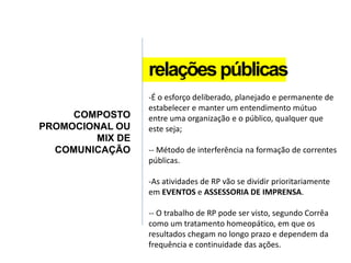 relaçõespúblicas
COMPOSTO
PROMOCIONAL OU
MIX DE
COMUNICAÇÃO
-É o esforço deliberado, planejado e permanente de
estabelecer e manter um entendimento mútuo
entre uma organização e o público, qualquer que
este seja;
-- Método de interferência na formação de correntes
públicas.
-As atividades de RP vão se dividir prioritariamente
em EVENTOS e ASSESSORIA DE IMPRENSA.
-- O trabalho de RP pode ser visto, segundo Corrêa
como um tratamento homeopático, em que os
resultados chegam no longo prazo e dependem da
frequência e continuidade das ações.
 