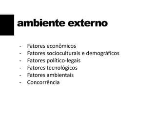 ambiente externo
- Fatores econômicos
- Fatores socioculturais e demográficos
- Fatores político-legais
- Fatores tecnológicos
- Fatores ambientais
- Concorrência
 
