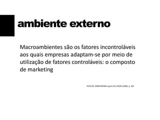 ambiente externo
Macroambientes são os fatores incontroláveis
aos quais empresas adaptam-se por meio de
utilização de fatores controláveis: o composto
de marketing
KOTLER; ARMSTRONG apud LAS CASAS (2006, p. 30)
 