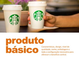 produto
básico
Características, design, nível de
qualidade, nome, embalagem e
toda a configuração necessária para
oferecer o benefício central.
 