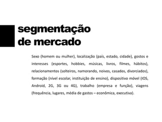 Sexo (homem ou mulher), localização (país, estado, cidade), gostos e
interesses (esportes, hobbies, músicas, livros, filmes, hábitos),
relacionamentos (solteiros, namorando, noivos, casados, divorciados),
formação (nível escolar, instituição de ensino), dispositivo móvel (IOS,
Android, 2G, 3G ou 4G), trabalho (empresa e função), viagens
(frequência, lugares, média de gastos – econômica, executiva).
segmentação
de mercado
 