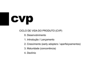 cvp
CICLO DE VIDA DO PRODUTO (CVP)
0. Desenvolvimento
1. Introdução / Lançamento
2. Crescimento (early adopters / aperfeiçoamentos)
3. Maturidade (concorrência)
4. Declínio
 