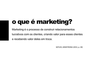 o que é marketing?
Marketing é o processo de construir relacionamentos
lucrativos com os clientes, criando valor para esses clientes
e recebendo valor deles em troca.
KOTLER; ARMSTRONG (2015, p. 28)
 
