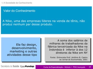 A Nike, uma das empresas líderes na venda de tênis, não produz nenhum par desse produto. A soma dos salários de milhares de trabalhadores da fábrica terceirizada da Nike na Indonésia é  inferior à dos 12 diretores da Nike em NY Fonte: Entrevista Prof. Antônio B. Castro ao Jornal do Economista, 2001 I. A Sociedade do Conhecimento Valor do Conhecimento Ela faz design, desenvolvimento, marketing e outras atividades desse tipo 
