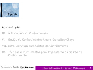Apresentação A Sociedade do Conhecimento Gestão do Conhecimento: Alguns Conceitos-Chave Infra-Estrutura para Gestão do Conhecimento Técnicas e Instrumentos para Implantação da Gestão do Conhecimento Agenda 