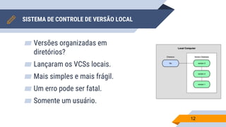 SISTEMA DE CONTROLE DE VERSÃO LOCAL
▰ Versões organizadas em
diretórios?
▰ Lançaram os VCSs locais.
▰ Mais simples e mais frágil.
▰ Um erro pode ser fatal.
▰ Somente um usuário.
12
 