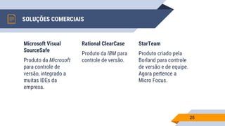 SOLUÇÕES COMERCIAIS
Microsoft Visual
SourceSafe
Produto da Microsoft
para controle de
versão, integrado a
muitas IDEs da
empresa.
Rational ClearCase
Produto da IBM para
controle de versão.
StarTeam
Produto criado pela
Borland para controle
de versão e de equipe.
Agora pertence a
Micro Focus.
25
 