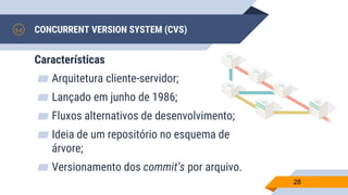 CONCURRENT VERSION SYSTEM (CVS)
Características
▰ Arquitetura cliente-servidor;
▰ Lançado em junho de 1986;
▰ Fluxos alternativos de desenvolvimento;
▰ Ideia de um repositório no esquema de
árvore;
▰ Versionamento dos commit’s por arquivo.
28
 