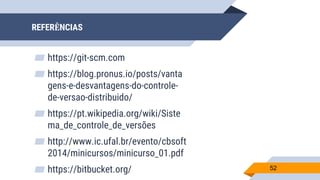 REFERÊNCIAS
▰ https://git-scm.com
▰ https://blog.pronus.io/posts/vanta
gens-e-desvantagens-do-controle-
de-versao-distribuido/
▰ https://pt.wikipedia.org/wiki/Siste
ma_de_controle_de_versões
▰ http://www.ic.ufal.br/evento/cbsoft
2014/minicursos/minicurso_01.pdf
▰ https://bitbucket.org/ 52
 