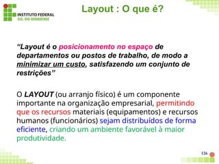 Layout : O que é?
126
“Layout é o posicionamento no espaço de
departamentos ou postos de trabalho, de modo a
minimizar um custo, satisfazendo um conjunto de
restrições”
O LAYOUT (ou arranjo físico) é um componente
importante na organização empresarial, permitindo
que os recursos materiais (equipamentos) e recursos
humanos (funcionários) sejam distribuídos de forma
eficiente, criando um ambiente favorável à maior
produtividade.
 