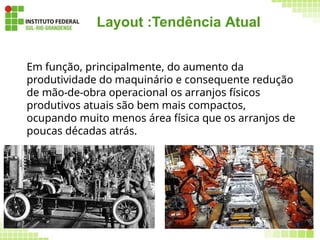 Layout :Tendência Atual
Em função, principalmente, do aumento da
produtividade do maquinário e consequente redução
de mão-de-obra operacional os arranjos físicos
produtivos atuais são bem mais compactos,
ocupando muito menos área física que os arranjos de
poucas décadas atrás.
127
 