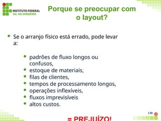 Porque se preocupar com
o layout?
130
 Se o arranjo físico está errado, pode levar
a:
 padrões de fluxo longos ou
confusos,
 estoque de materiais,
 filas de clientes,
 tempos de processamento longos,
 operações inflexíveis,
 fluxos imprevisíveis
 altos custos.
 