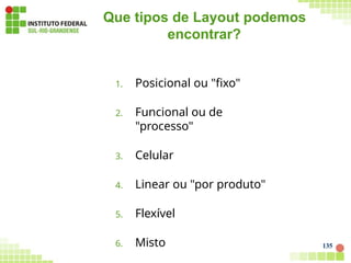 Que tipos de Layout podemos
encontrar?
135
1. Posicional ou "fixo"
2. Funcional ou de
"processo"
3. Celular
4. Linear ou "por produto"
5. Flexível
6. Misto
 