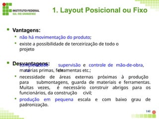 1. Layout Posicional ou Fixo
141
 Vantagens:
 não há movimentação do produto;
 existe a possibilidade de terceirização de todo o
projeto
 Desvantagens:
 complexidade
na
supervisão e controle de mão-de-obra,
de
matérias primas, ferramentas etc.;
 necessidade de áreas externas próximas à produção
para submontagens, guarda de materiais e ferramentas.
Muitas vezes, é necessário construir abrigos para os
funcionários, da construção civil;
 produção em pequena escala e com baixo grau de
padronização.
 