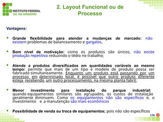 2. Layout Funcional ou de
Processo
Vantagens:
 Grande flexibilidade para atender a mudanças de mercado: não
existem problemas de balanceamento e gargalos,
 Bom nível de motivação: como os produtos são únicos, não existe
produção repetitiva reduzindo o tédio no trabalho;
 Atende a produtos diversificados em quantidades variáveis ao mesmo
tempo: permite que mais de um tipo e modelo de produto possa ser
fabricado simultaneamente. Enquanto um produto está passando por um
processo em determinado local, é possível que outro produto diferente
esteja recebendo um outro processamento, na mesma planta fabril;
 Menor investimento para instalação do parque industrial:
quando equipamentos similares são agrupados, os custos de instalação
geralmente diminuem. Como os equipamentos não são específicos e, o
investimento e a manutenção são mais econômicos
 Possibilidade de venda ou troca de equipamentos; pois não são específicos
150
 