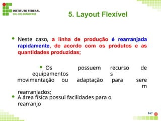 5. Layout Flexível
167
 Neste caso, a linha de produção é rearranjada
rapidamente, de acordo com os produtos e as
quantidades produzidas;
 Os
equipamentos
possuem recurso
s
de
movimentação ou adaptação para sere
m
rearranjados;
 A área física possui facilidades para o
rearranjo
 