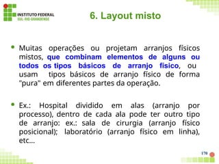6. Layout misto
170
 Muitas operações ou projetam arranjos físicos
mistos, que combinam elementos de alguns ou
todos os tipos básicos de arranjo físico, ou
usam tipos básicos de arranjo físico de forma
"pura" em diferentes partes da operação.
 Ex.: Hospital dividido em alas (arranjo por
processo), dentro de cada ala pode ter outro tipo
de arranjo: ex.: sala de cirurgia (arranjo físico
posicional); laboratório (arranjo físico em linha),
etc...
 