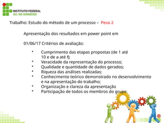 236
Trabalho: Estudo do método de um processo – Peso 2
Apresentação dos resultados em power point em
01/06/17 Critérios de avaliação:
• Cumprimento das etapas propostas (de 1 até
10 e de a até f);
• Veracidade da representação do processo;
• Qualidade e quantidade de dados gerados;
• Riqueza das análises realizadas;
• Conhecimento teórico demonstrado no desenvolvimento
e na apresentação do trabalho;
• Organização e clareza da apresentação
• Participação de todos os membros do grupo
 