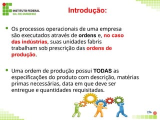  Os processos operacionais de uma empresa
são executados através de ordens e, no caso
das indústrias, suas unidades fabris
trabalham sob prescrição das ordens de
produção.
 Uma ordem de produção possui TODAS as
especificações do produto com descrição, matérias
primas necessárias, data em que deve ser
entregue e quantidades requisitadas.
Introdução:
256
 