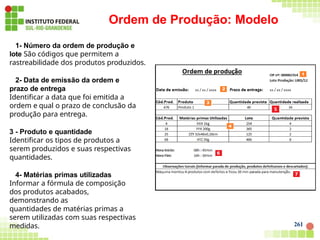 Ordem de Produção: Modelo
1- Número da ordem de produção e
lote São códigos que permitem a
rastreabilidade dos produtos produzidos.
2- Data de emissão da ordem e
prazo de entrega
Identificar a data que foi emitida a
ordem e qual o prazo de conclusão da
produção para entrega.
3 - Produto e quantidade
Identificar os tipos de produtos a
serem produzidos e suas respectivas
quantidades.
4- Matérias primas utilizadas
Informar a fórmula de composição
dos produtos acabados,
demonstrando as
quantidades de matérias primas a
serem utilizadas com suas respectivas
medidas. 261
 