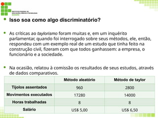 32
 Isso soa como algo discriminatório?
 As críticas ao taylorismo foram muitas e, em um inquérito
parlamentar, quando foi interrogado sobre seus métodos, ele, então,
respondeu com um exemplo real de um estudo que tinha feito na
construção civil, fizeram com que todos ganhassem: a empresa, o
funcionário e a sociedade.
 Na ocasião, relatou à comissão os resultados de seus estudos, através
de dados comparativos.
Método aleatório Método de taylor
Tijolos assentados 960 2800
Movimentos executados 17280 14000
Horas trabalhadas 8 8
Salário US$ 5,00 US$ 6,50
 