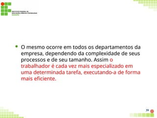  O mesmo ocorre em todos os departamentos da
empresa, dependendo da complexidade de seus
processos e de seu tamanho. Assim o
trabalhador é cada vez mais especializado em
uma determinada tarefa, executando-a de forma
mais eficiente.
39
 